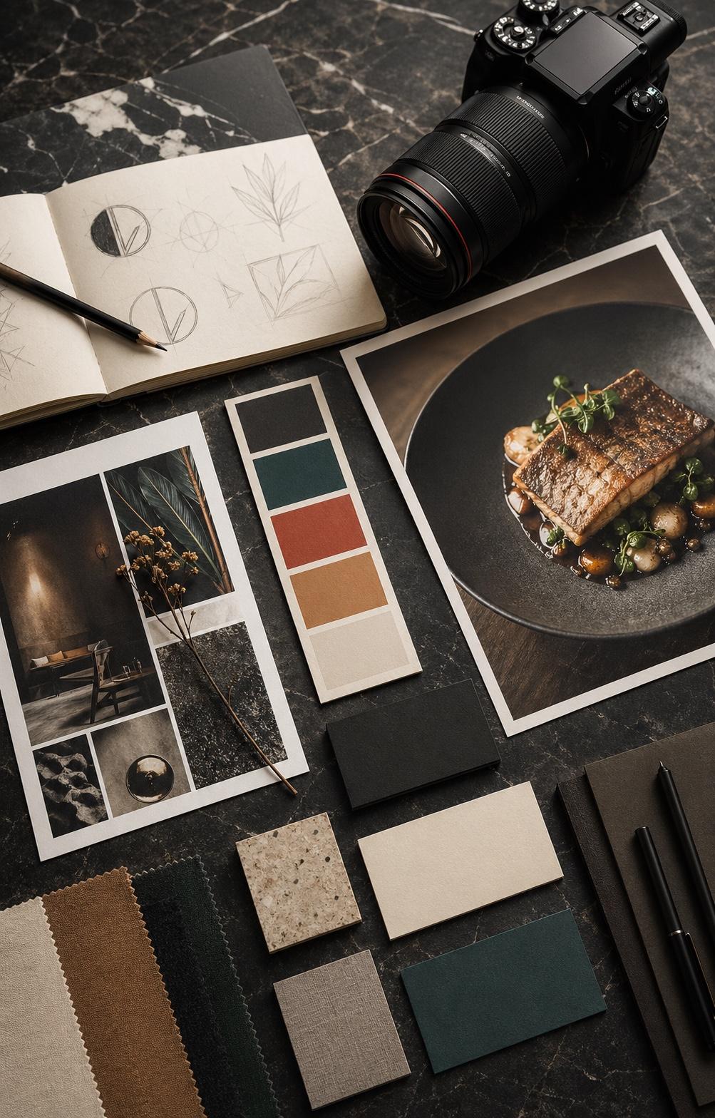 Branding materials, color swatches, camera, logo sketches, and food photography arranged on dark stone.