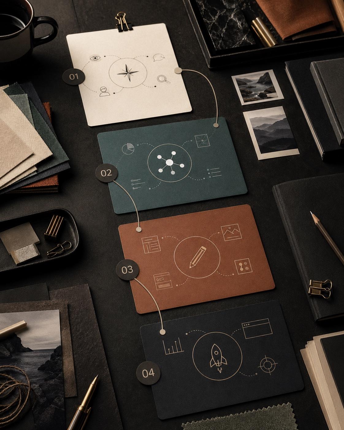A dark studio planning board with four connected project process cards and subtle icon line work.