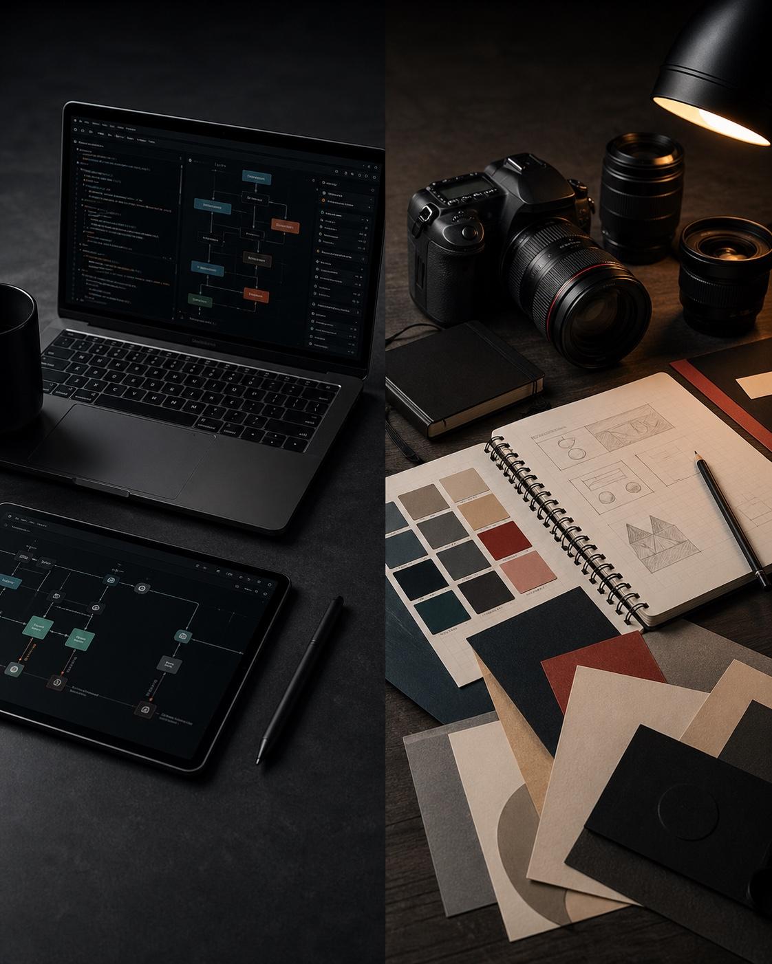 A split studio work surface showing software workflow screens beside camera and brand materials.