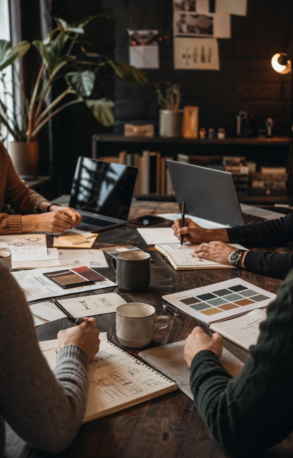 A small creative team collaborating around a warm studio table with laptops, sketches, coffee, and brand materials.