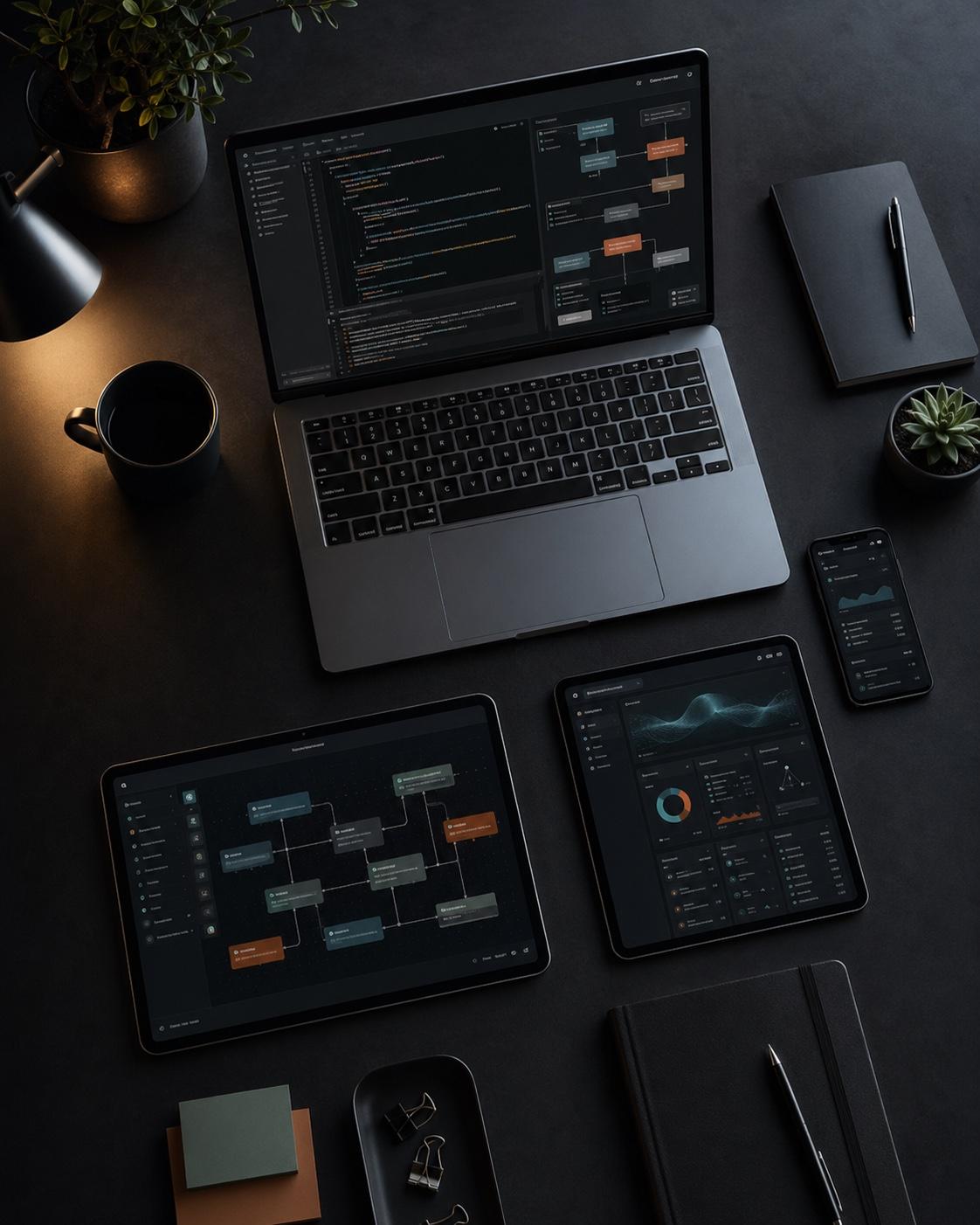 An overhead dark workspace with laptop, tablets, automation workflows, code, and analytics dashboards.